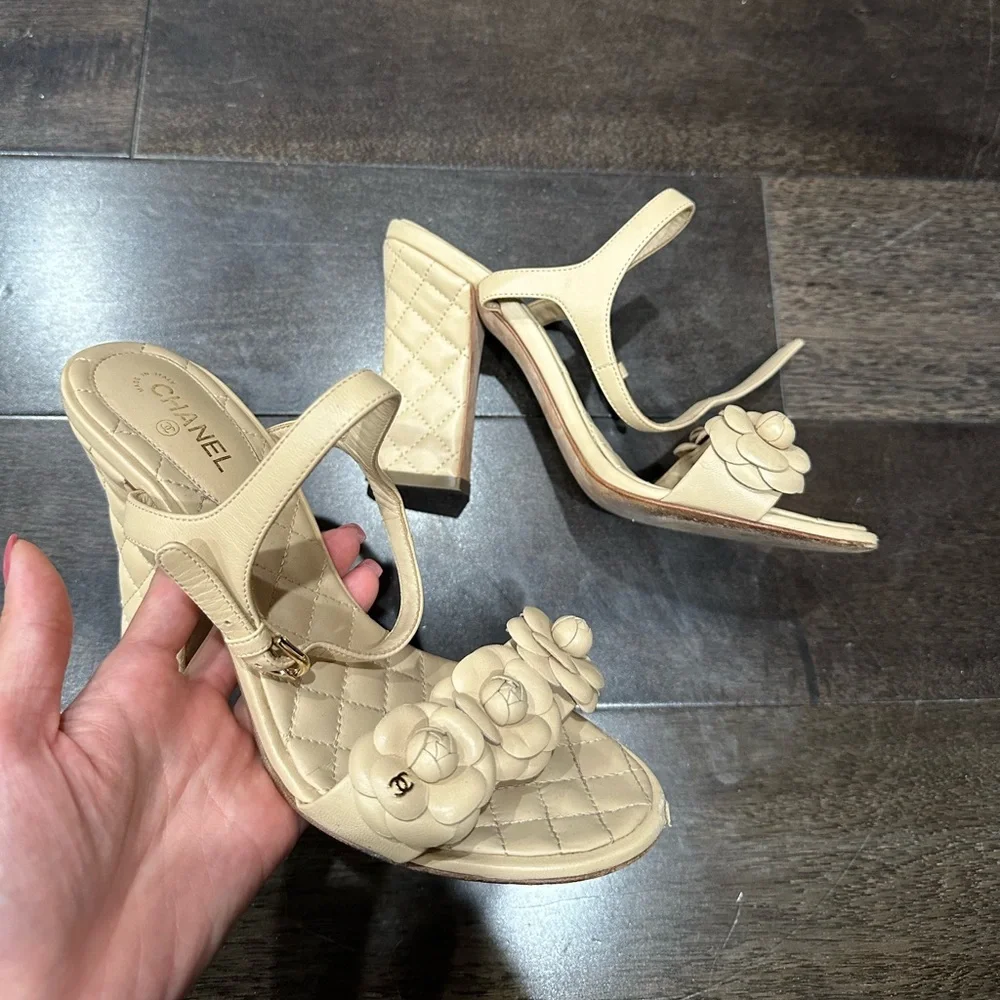 CHANEL Camellia Quilted Leather Block Heel Sandals Beige EU 38.5